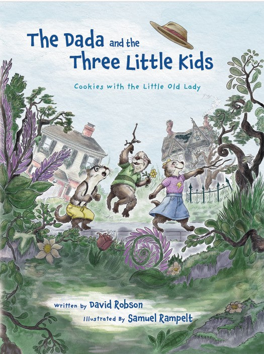 Cover illustration for Dada and the Three Little Kids, showing a tired father with his three mischievous children