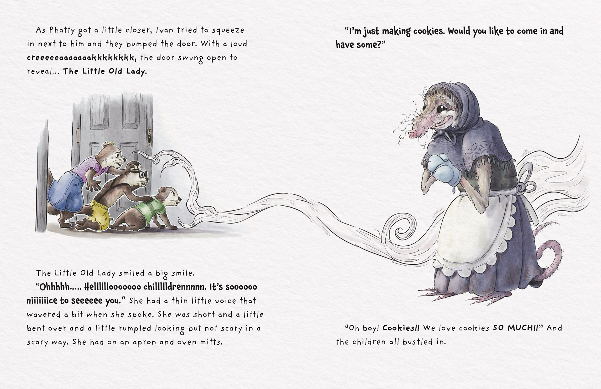 Interior spread — the children meet the Little Old Lady at her door.