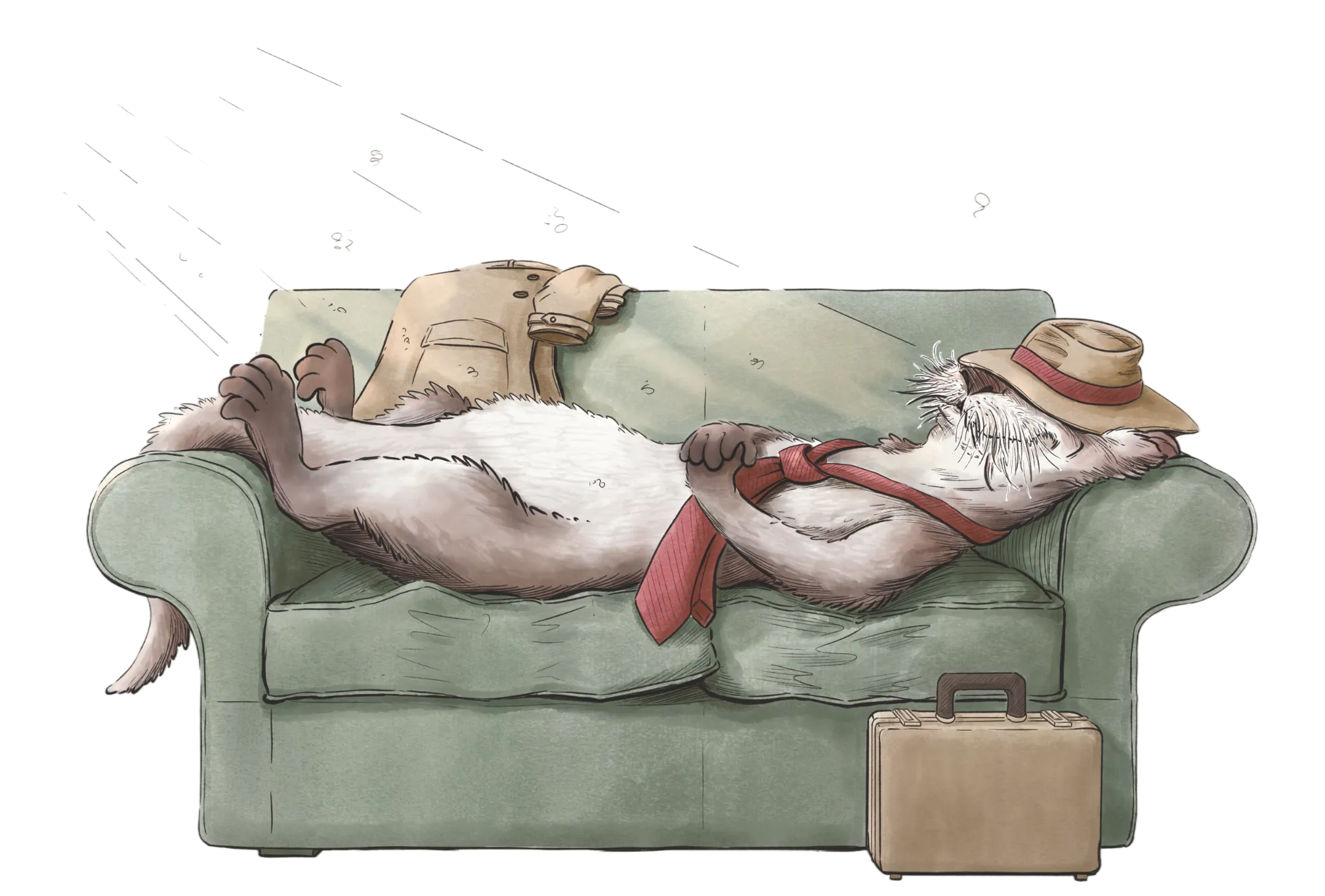 The Dada, weary in his travelling hat with a suitcase.